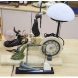 An Art Deco style female figure, 14cm, a lamp, a clock and a frame