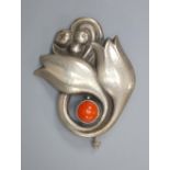 An early 20th century Georg Jensen 830 white metal and coral bead set tulip and berry brooch, no.