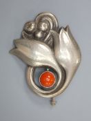 An early 20th century Georg Jensen 830 white metal and coral bead set tulip and berry brooch, no.