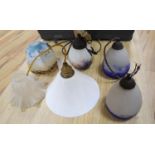 A pair of French Degue cased glass light shades, 17cm and four other various glass light shades