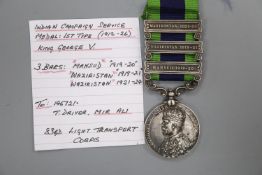 An Indian General Service medal with 3 clasps to T. Driver Mir Ali with Mahsud 1919-20, Waziristan