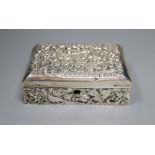 A late Victorian repousse silver mounted lidded rectangular box, with compartmental wooden interior,