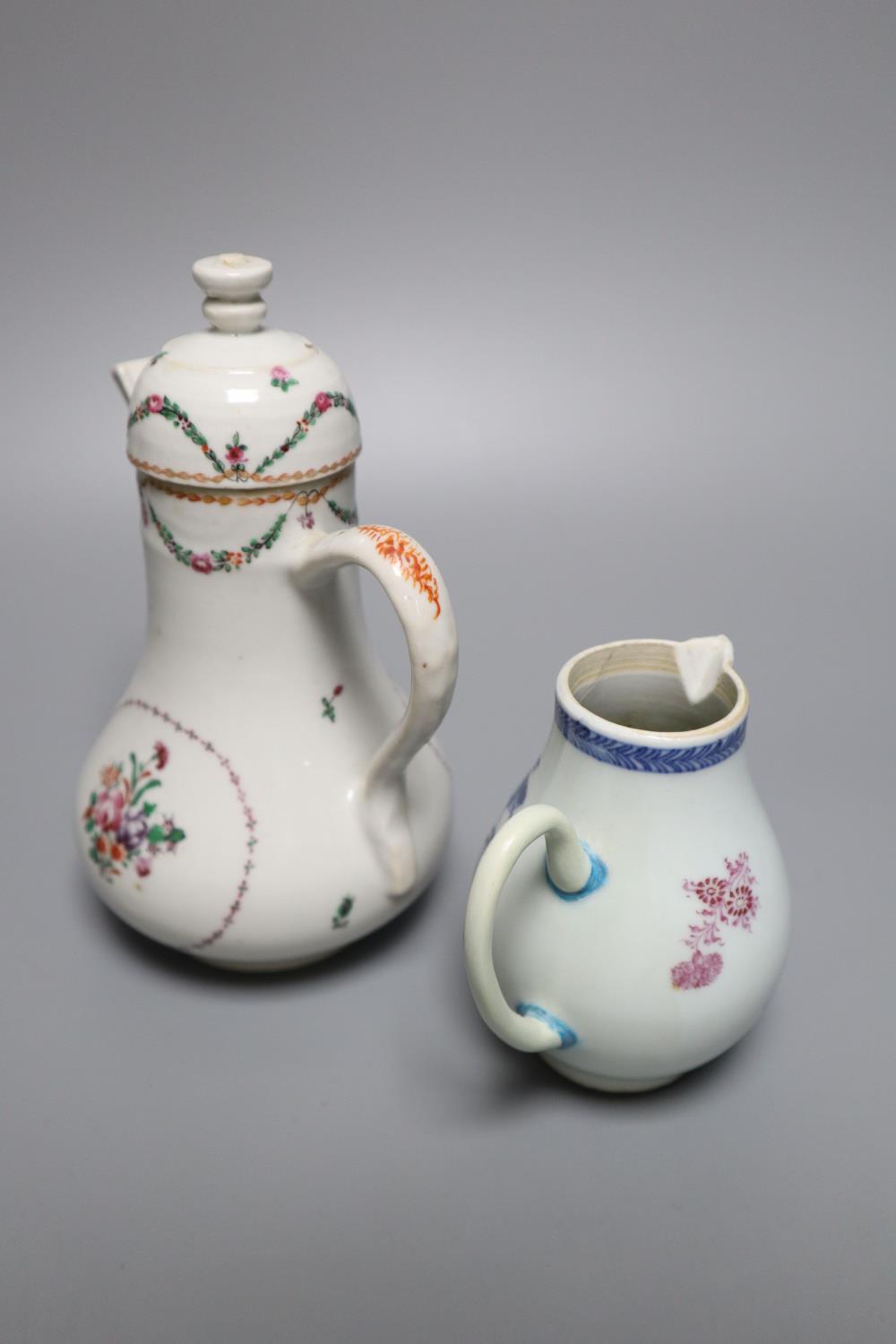 A Chinese export famille rose sparrowbeak jug, a ewer and cover and a mandarin pattern pot, - Image 4 of 4