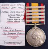A Queen's South Africa medal with five clasps to Pte A.H.Bailey 2nd Dragoons Guards with Cape,
