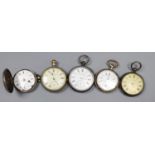 Five assorted early 20th century and later pocket watches including 935 and 800 standard.