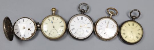 Five assorted early 20th century and later pocket watches including 935 and 800 standard.