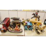 A collection of hand-crafted painted wooden toys, 1980's, comprising an automaton model of a