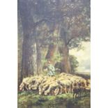 French School c.1900, oil on canvas, Shepherd and flock beneath trees, 79 x 52cm