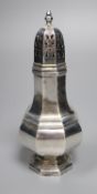 A modern silver octagonal baluster sugar caster, London, 1961, 16.3cm, 5oz.CONDITION: Wobbles on a