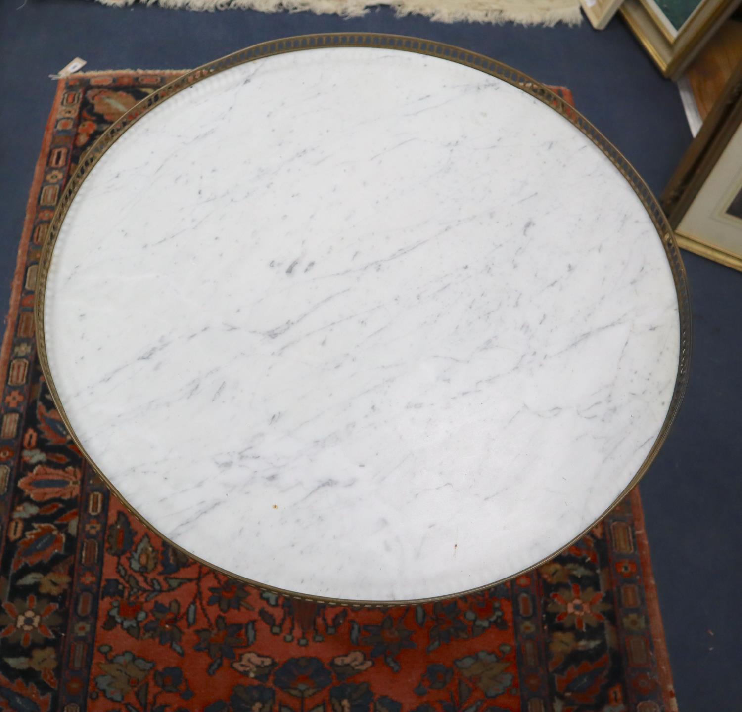 A pair of French style mahogany occasional tables with brass galleried marble tops, 65cm diameter, - Image 2 of 3