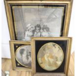 A Regency silkwork panel of St Francis, 27 x 22cm and two eglomise framed prints