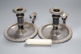 A pair of Victorian Old Sheffield plate chambersticks, 12cm