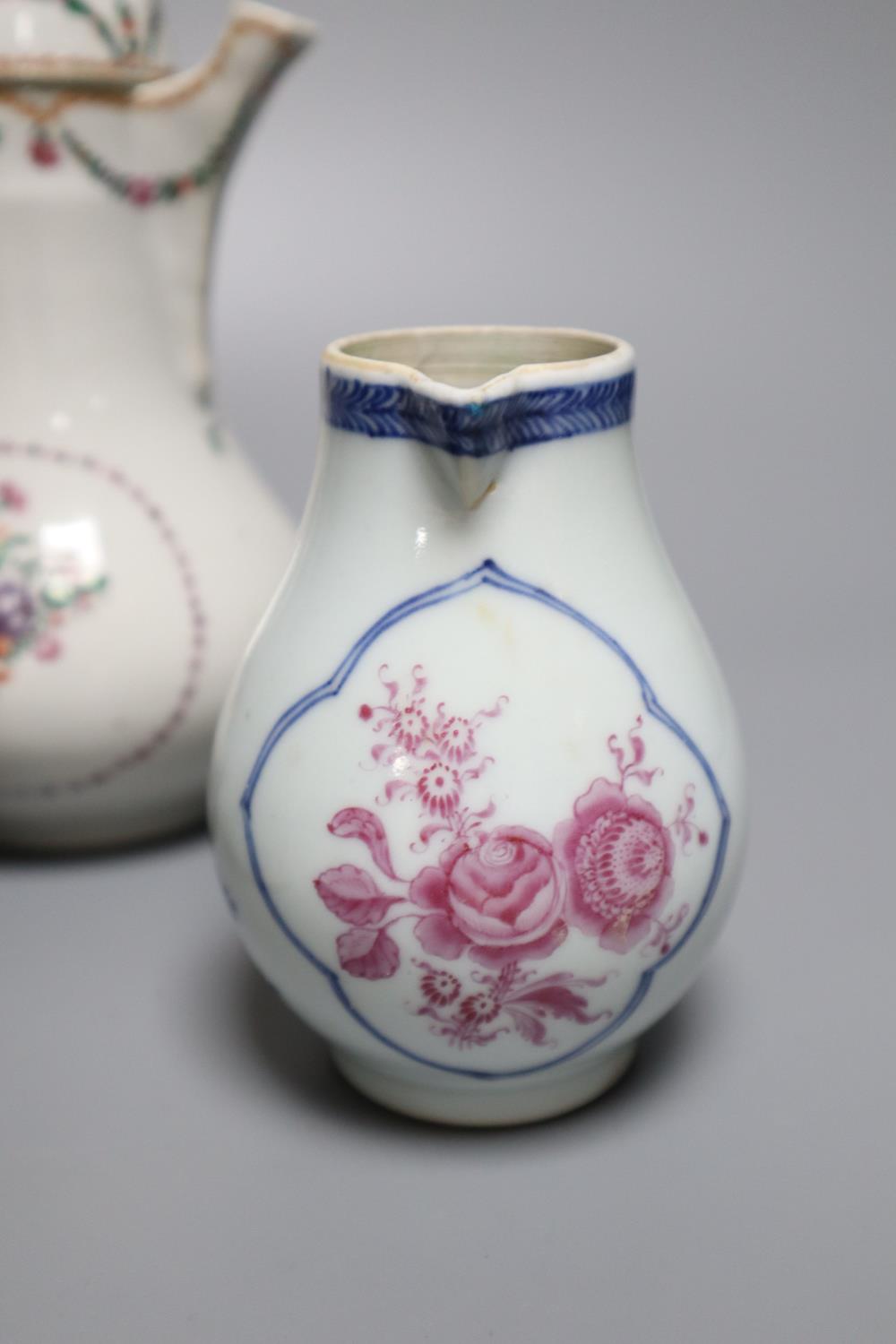 A Chinese export famille rose sparrowbeak jug, a ewer and cover and a mandarin pattern pot, - Image 3 of 4