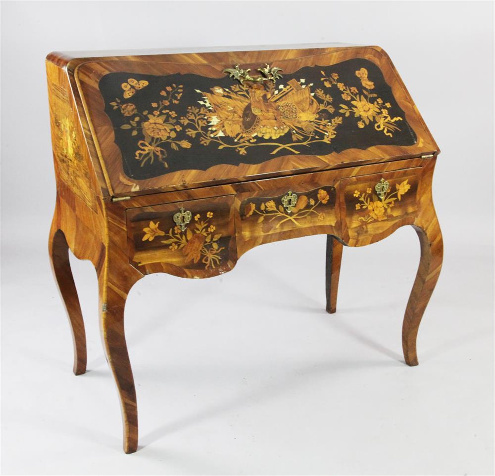 A German rococo marquetry bureau de dame, c.1765, in the manner of the Spindle Brothers, the fall