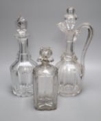 A Victorian cut glass claret jug and two decanters, tallest 34cmCONDITION: Mid-sized decanter with