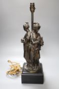 A Victorian bronze table lamp with the Three Graces stem, 52cm overall