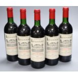 Five bottles of Chateau Lyonnat, Lussac Saint Emilion, 1985.
