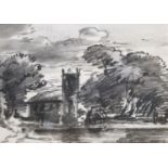 Dr Thomas Monro (1759-1833), charcoal on paper, A church among trees, John Manning label verso, 14 x