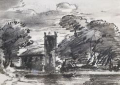 Dr Thomas Monro (1759-1833), charcoal on paper, A church among trees, John Manning label verso, 14 x