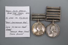 Two Queen's South Africa medals; East Lancs & Royal Engineers QSA with OFS and CC clasps to Cpl A.