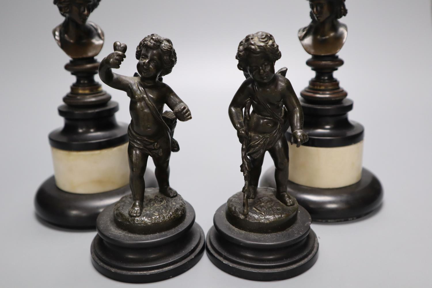 A pair of Regency small bronze busts and a pair of figures of cherubs, tallest 16cm - Image 2 of 4