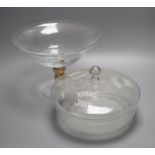 An advertising sign Kynoch Soap lidded bowl and a glass pedestal bowl, largest diameter 30cm