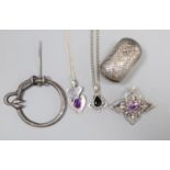 Two modern white metal and gem set pendant necklaces including amethyst, two brooches and a George