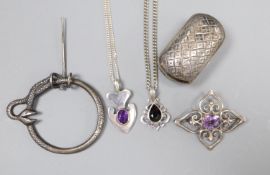 Two modern white metal and gem set pendant necklaces including amethyst, two brooches and a George