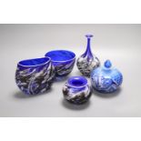 A group of five modern blue glass vases, Andres for Stone Series, tallest 17cm and a Langley
