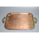 A WMF rectangular copper tray with stylised brass handles, 38 x 33cm