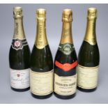 Two bottles of NV Champagne, Perrier-Jouet and Lambert & Cie and two bottles of Crement de