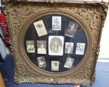 Eleven signed monochrome photographs of actors and actresses in Victorian gilt gesso frame to