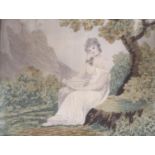 A Regency silkwork panel of a lady in a garden, width 25cm height 23cm
