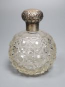 An Edwardian silver topped spherical hobnail cut glass scent bottle, Birmingham, 1907, height 12.
