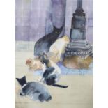 Olwen Jones, (1945-), watercolour, 'Six Cats', signed, 55 x 41cm