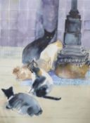 Olwen Jones, (1945-), watercolour, 'Six Cats', signed, 55 x 41cm