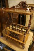 A Victorian burr walnut music Canterbury-cum-whatnot, fitted drawer to base, width 60cm depth 40cm