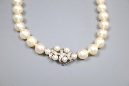 A modern single strand cultured pearl necklace with diamond set 585 white metal, cultured pearl