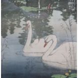 Allen William seaby (1863-1957), wood engraving, Swans on a lake, signed in pencil and numbered
