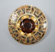 A Victorian yellow metal, citrine and Scottish hardstone set circular brooch, 48mm, gross 32.6