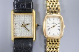 A lady's steel and gold plated Omega quartz wrist watch and one other gold plated wrist watch(a.