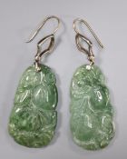 A pair of yellow and white metal mounted carved jade and diamond chip set earrings, jade 35mm, gross