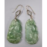 A pair of yellow and white metal mounted carved jade and diamond chip set earrings, jade 35mm, gross