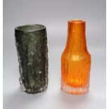 A Whitefriars cylindrical bark-textured pewter glass vase, 18.5cm, and a similar tangerine glass