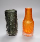 A Whitefriars cylindrical bark-textured pewter glass vase, 18.5cm, and a similar tangerine glass