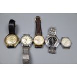 Two Russian wrist watches and three others including Medana.