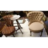 A Victorian walnut buttonback chair and a kettle stand, and another chair