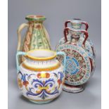 A pair of Isnik inspired pottery moon flasks, 30cm and an Italian pottery vase and another