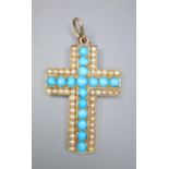 A late Victorian yellow metal, turquoise and seed pearl cluster set cross pendant, 36mm, gross 8.5