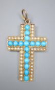 A late Victorian yellow metal, turquoise and seed pearl cluster set cross pendant, 36mm, gross 8.5